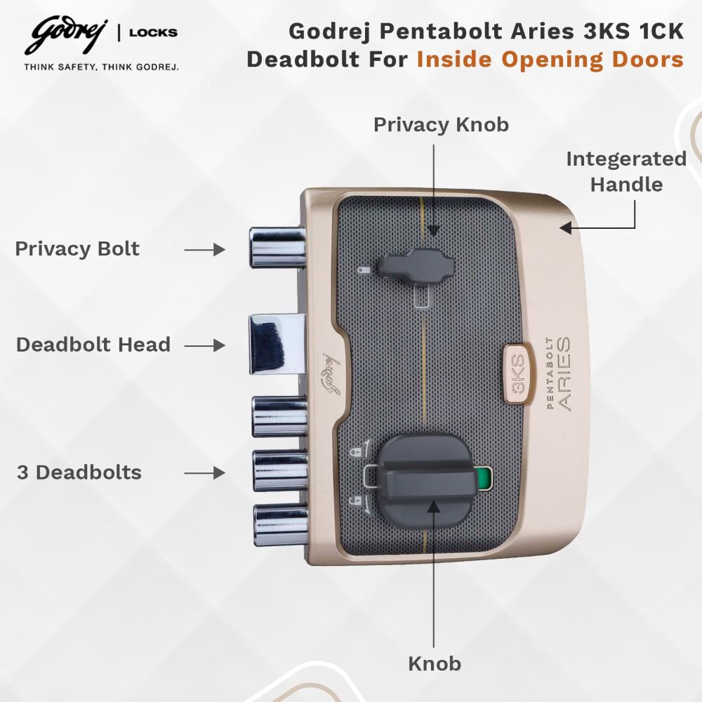 Godrej Rim Lock I Pentabolt Aries 3KS I 5 Bolts I 1CK Deadbolt I For Home Main Door I for Inside Opening Door l LeftorRight Handed Doors I 4Keys I 15-Year Warranty I Manual Locking I Vegas Gold Finish